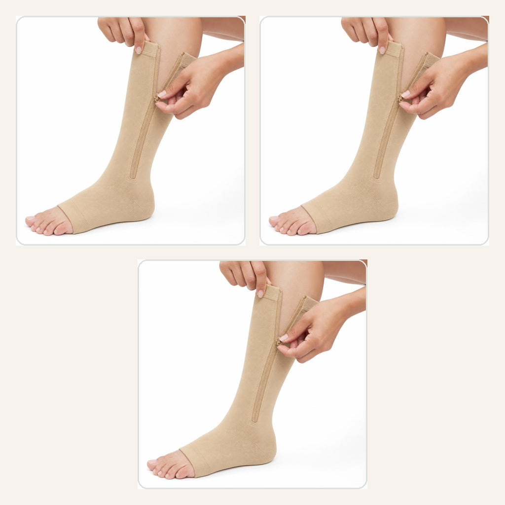 Três meias bege com zíper lateral representando a oferta de 3 pares